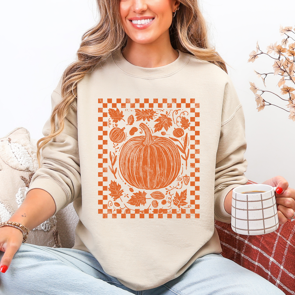 Checkered Pumpkin Minimalist Autumn Harvest Motif Cozy Seasonal For Fall Wardrobe Sweatshirt