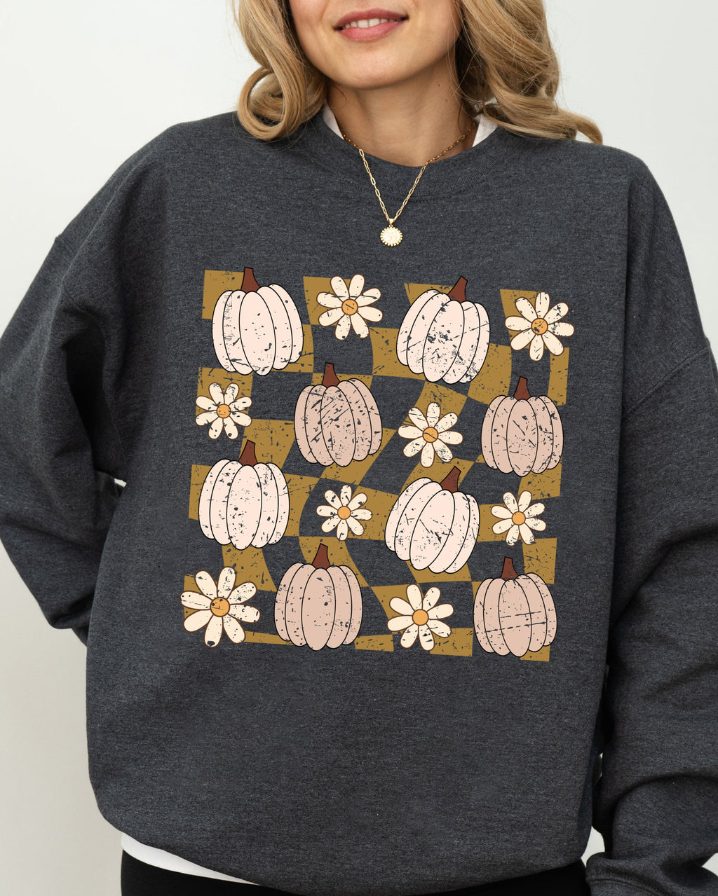 Checkered Pumpkins Daisies Flowers Vintage Retro Hippie Positivity Halloween Autumn Sweatshirt