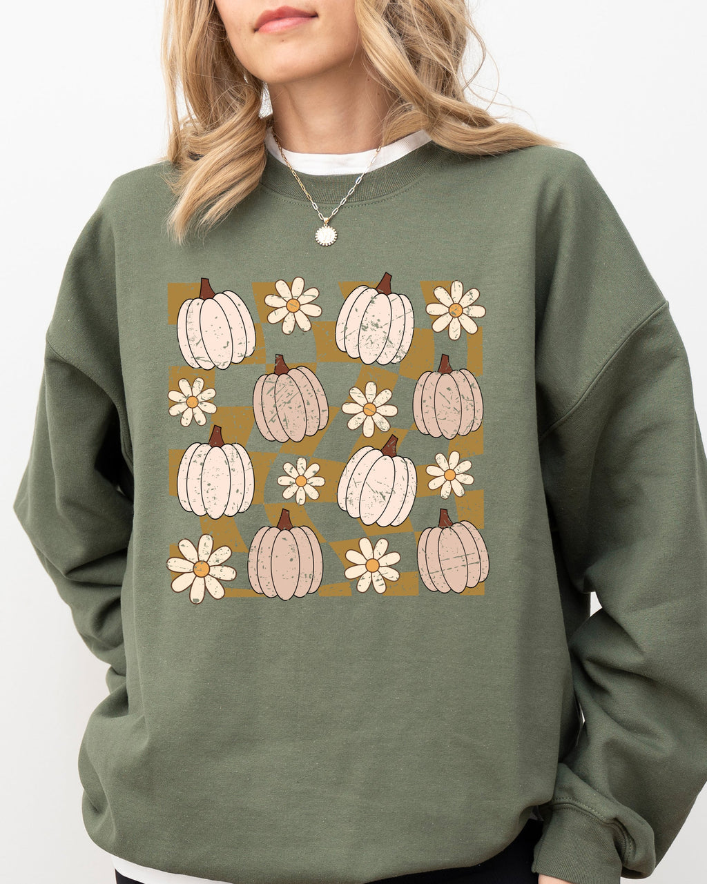 Checkered Pumpkins Daisies Flowers Vintage Retro Hippie Positivity Halloween Autumn Sweatshirt