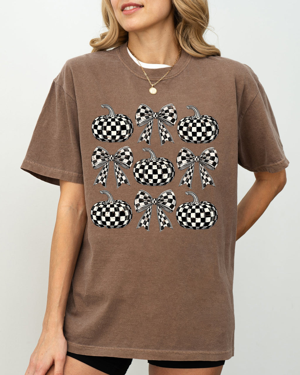 Checkered Retro Pumpkins Coquette Ribbons Bows Halloween Autumn Fall Comfort Colors Tee