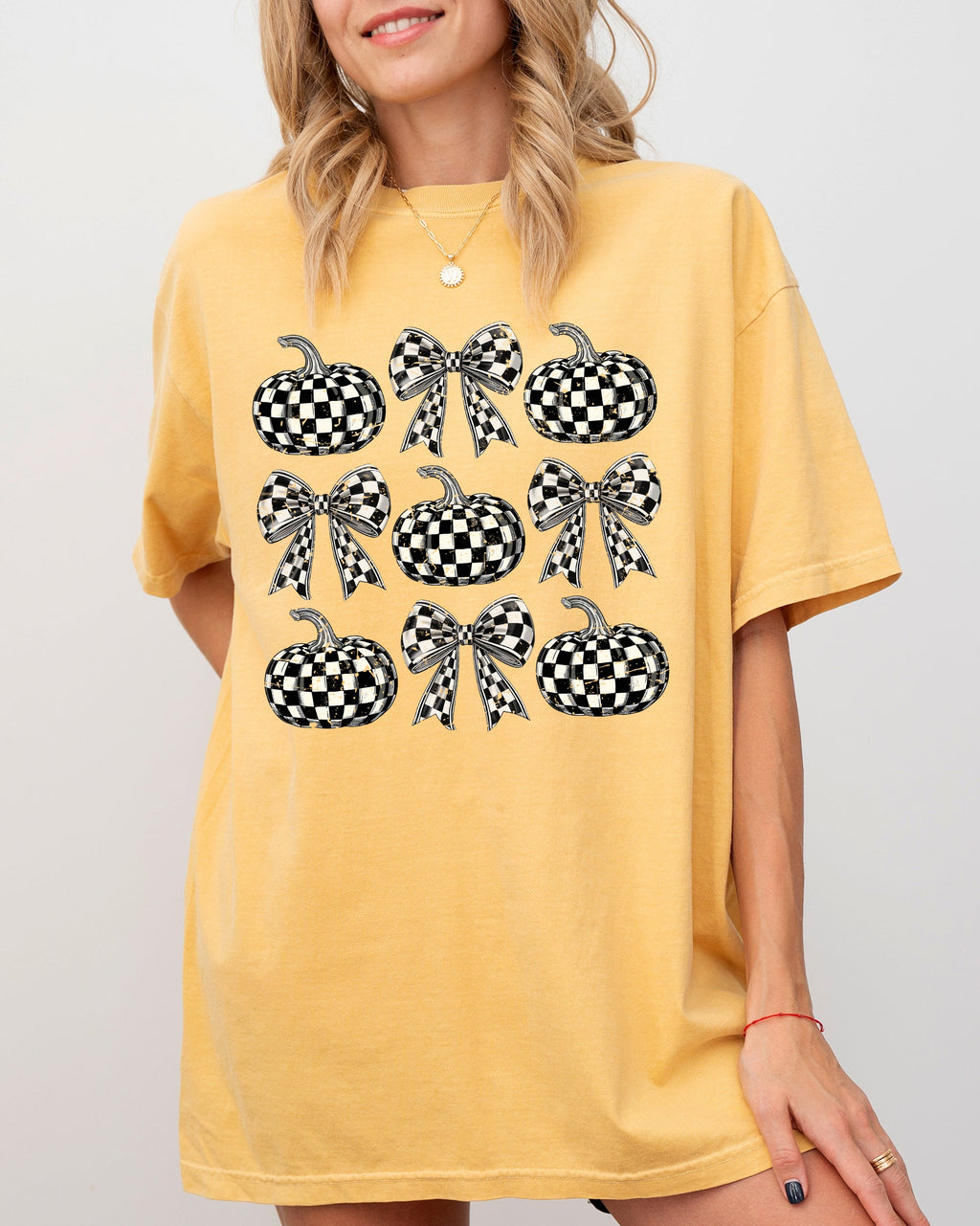 Checkered Retro Pumpkins Coquette Ribbons Bows Halloween Autumn Fall Comfort Colors Tee