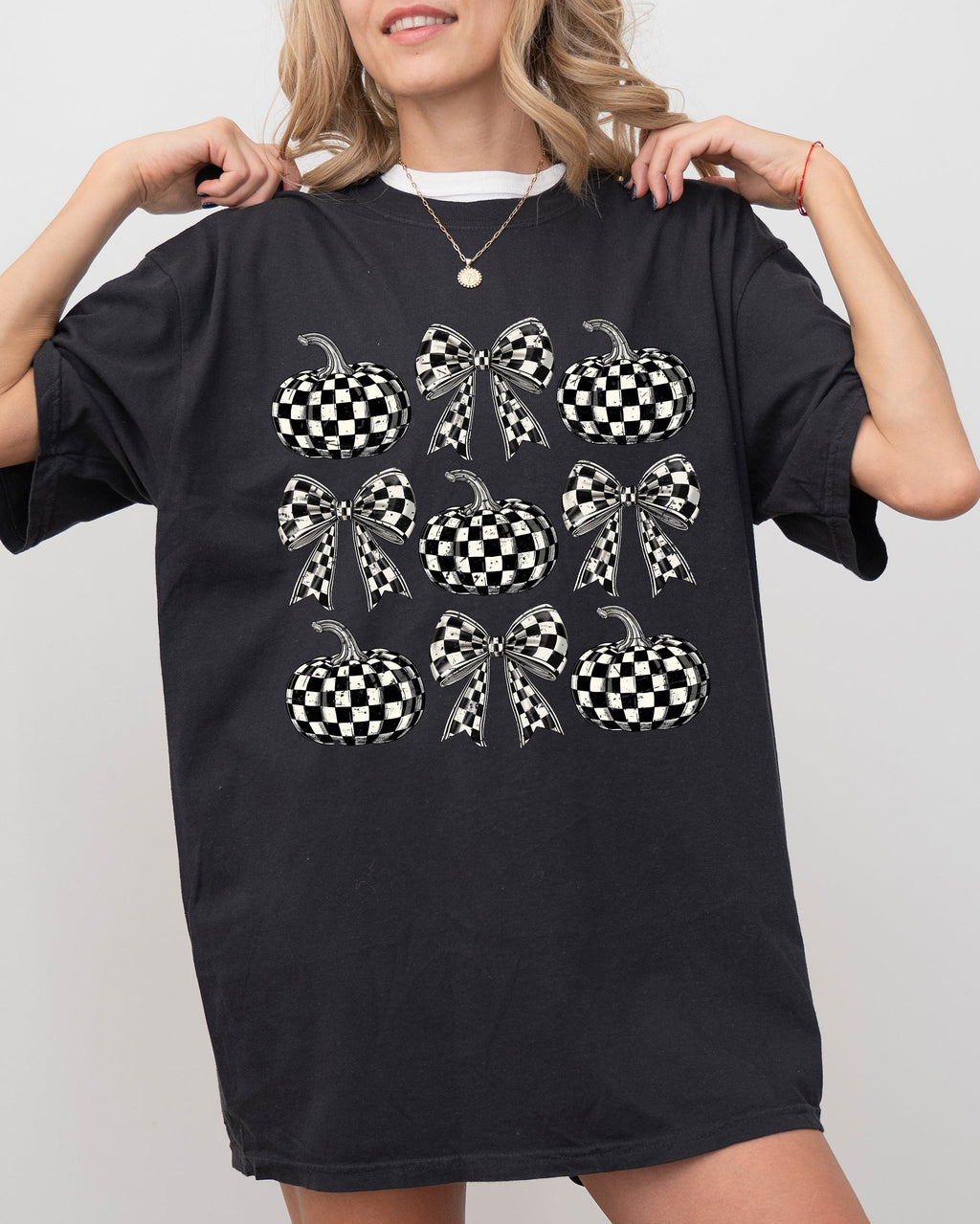 Checkered Retro Pumpkins Coquette Ribbons Bows Halloween Autumn Fall Comfort Colors Tee