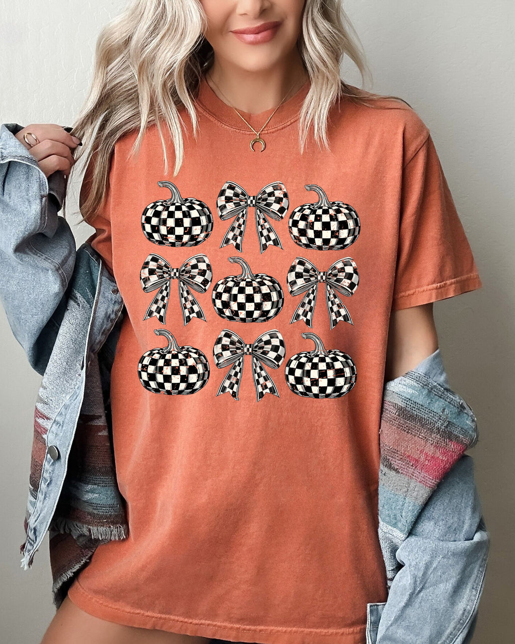Checkered Retro Pumpkins Coquette Ribbons Bows Halloween Autumn Fall Comfort Colors Tee