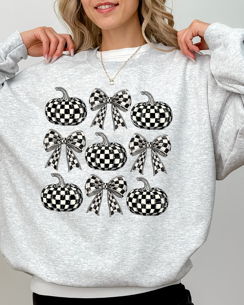 Checkered Retro Pumpkins Coquette Ribbons Bows Halloween Autumn Fall Patchwork Cozy Sweatshirt