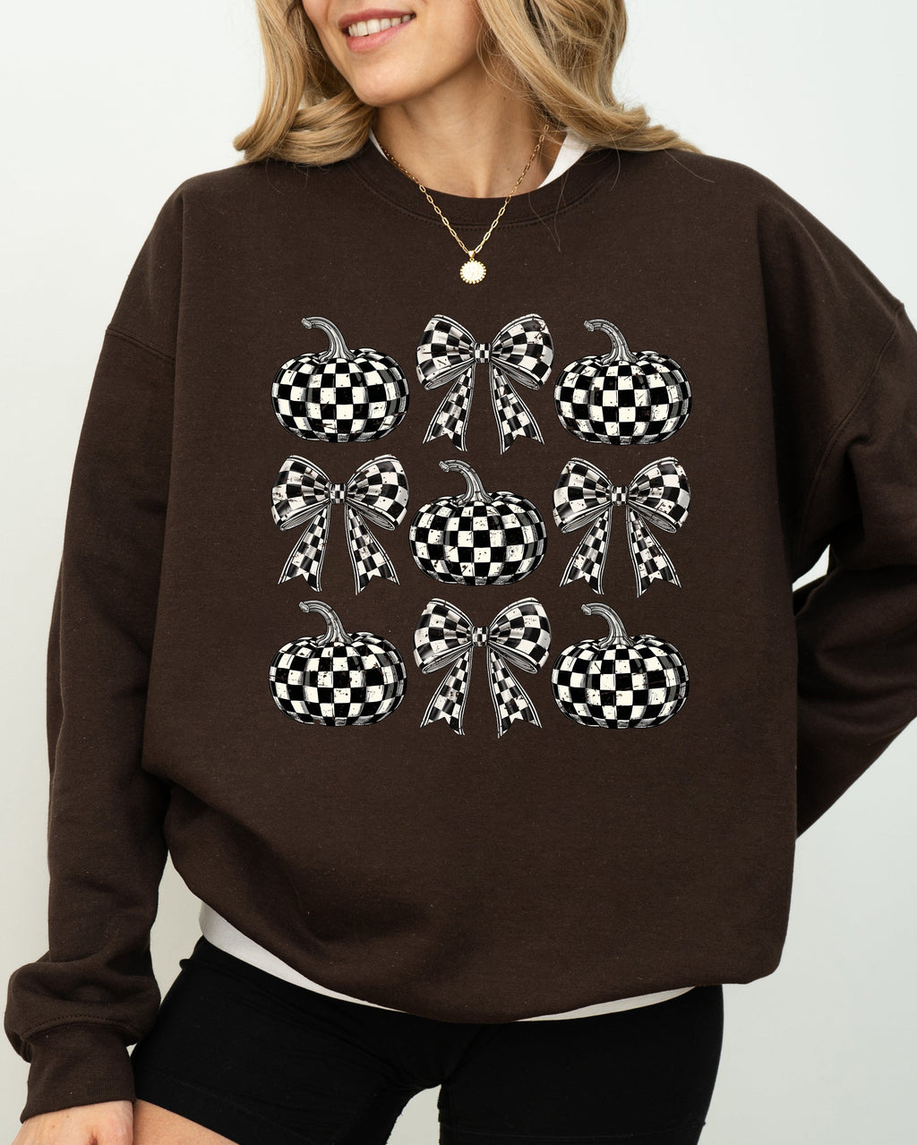Checkered Retro Pumpkins Coquette Ribbons Bows Halloween Autumn Fall Patchwork Cozy Sweatshirt
