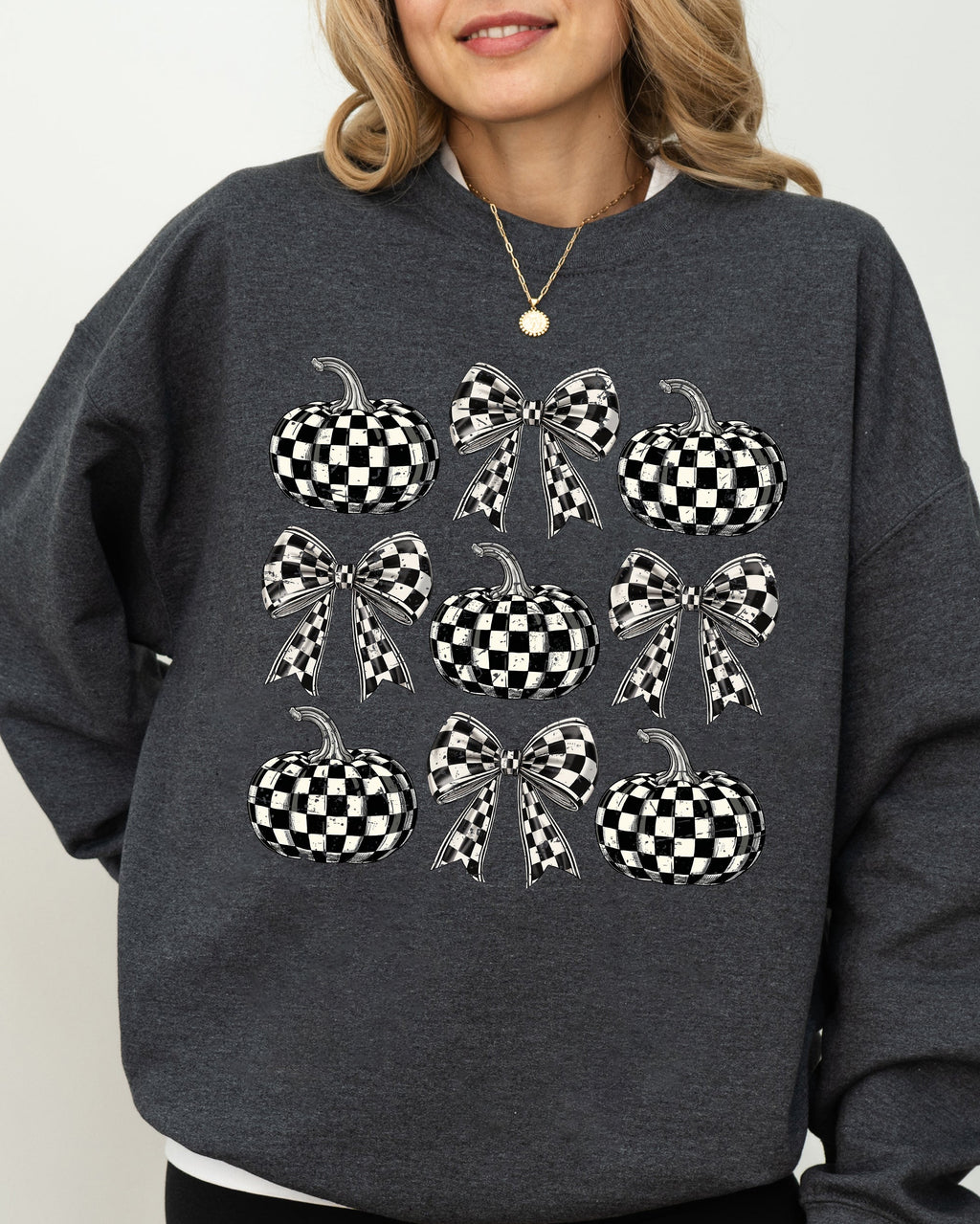 Checkered Retro Pumpkins Coquette Ribbons Bows Halloween Autumn Fall Patchwork Cozy Sweatshirt