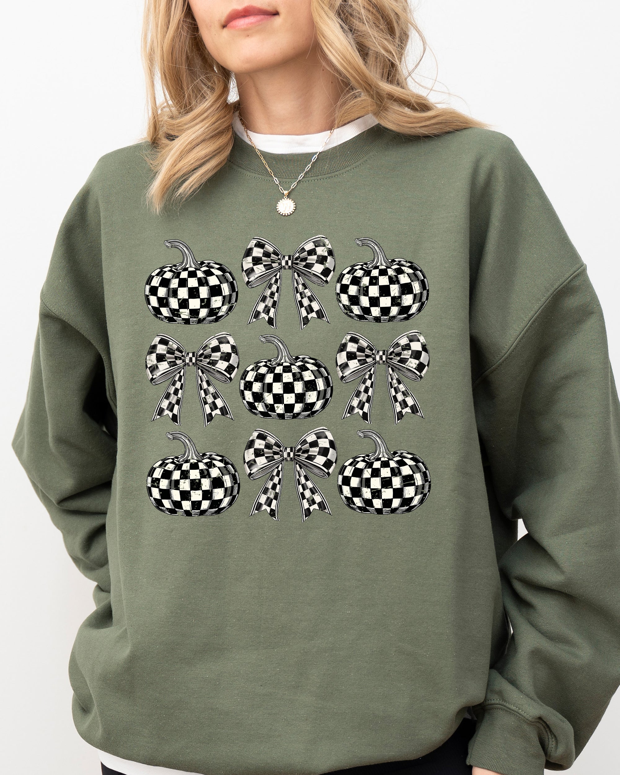 Checkered Retro Pumpkins Coquette Ribbons Bows Halloween Autumn Fall Patchwork Cozy Sweatshirt