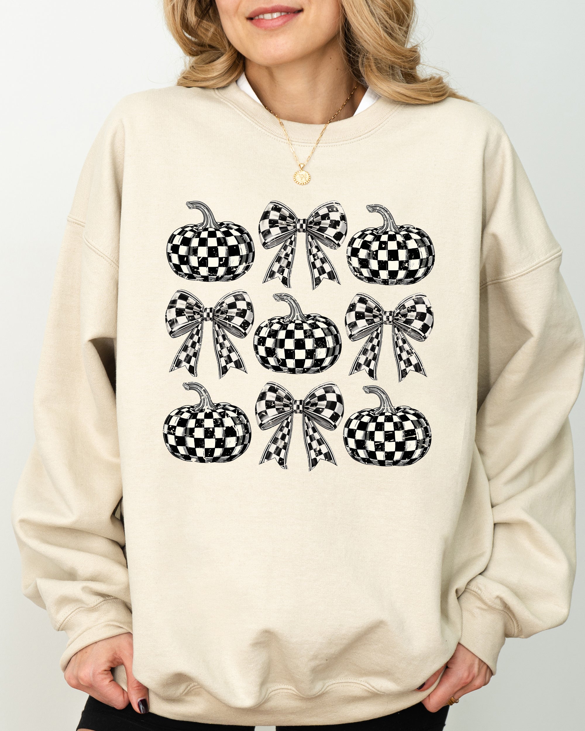 Checkered Retro Pumpkins Coquette Ribbons Bows Halloween Autumn Fall Patchwork Cozy Sweatshirt