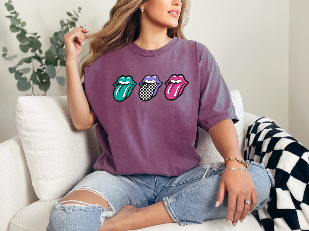 Checkered Rock Tongues Retro Lips Concert Tee Classic Rock Edition Comfort Colors Tee
