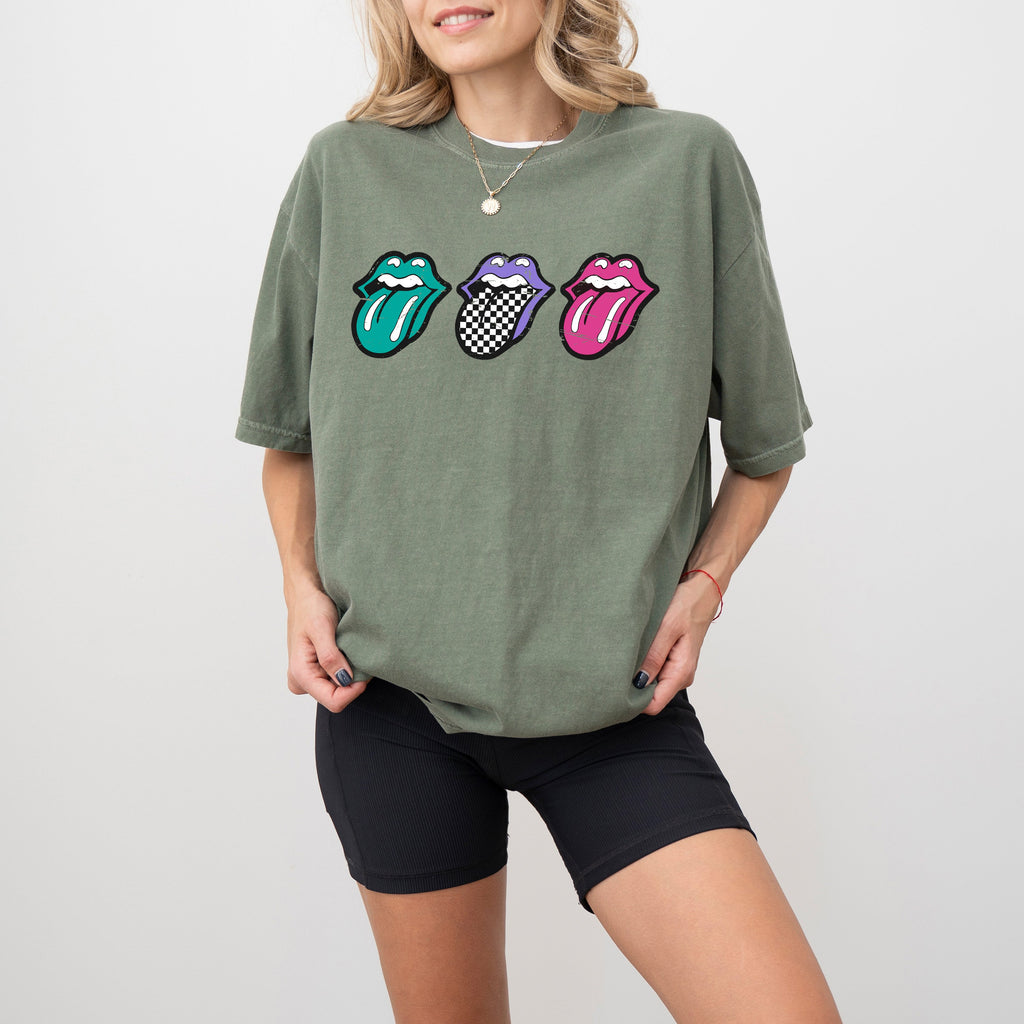Checkered Rock Tongues Retro Lips Concert Tee Classic Rock Edition Comfort Colors Tee