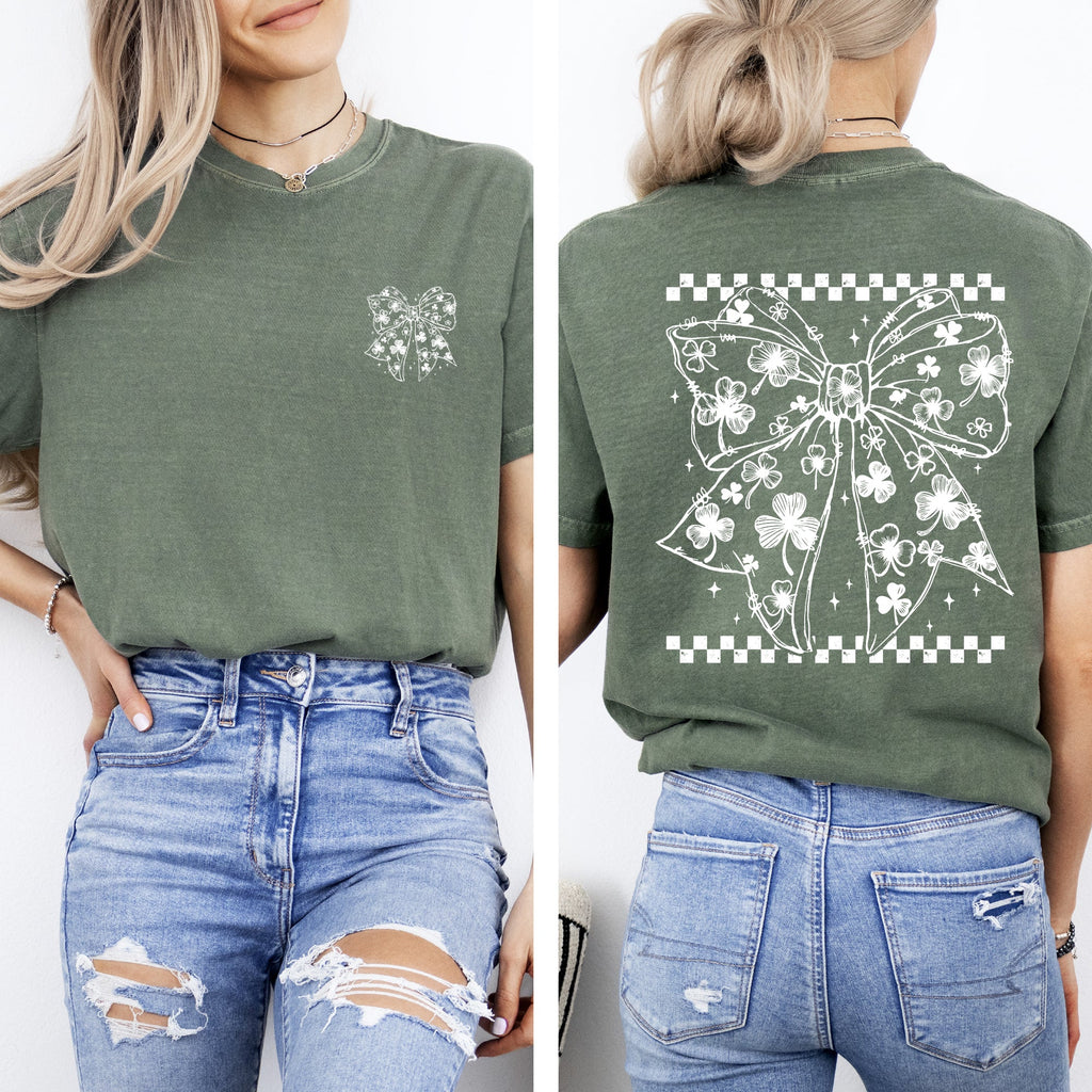 Checkered Bow Coquette Leprechaun Shamrock Clover Lucky St Patrick's Day Irish Pride Comfort Colors Tee
