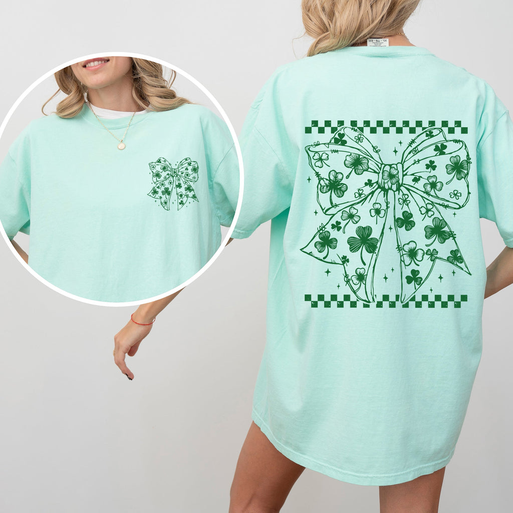 Checkered Bow Coquette Leprechaun Shamrock Clover Lucky St Patrick's Day Irish Pride Comfort Colors Tee