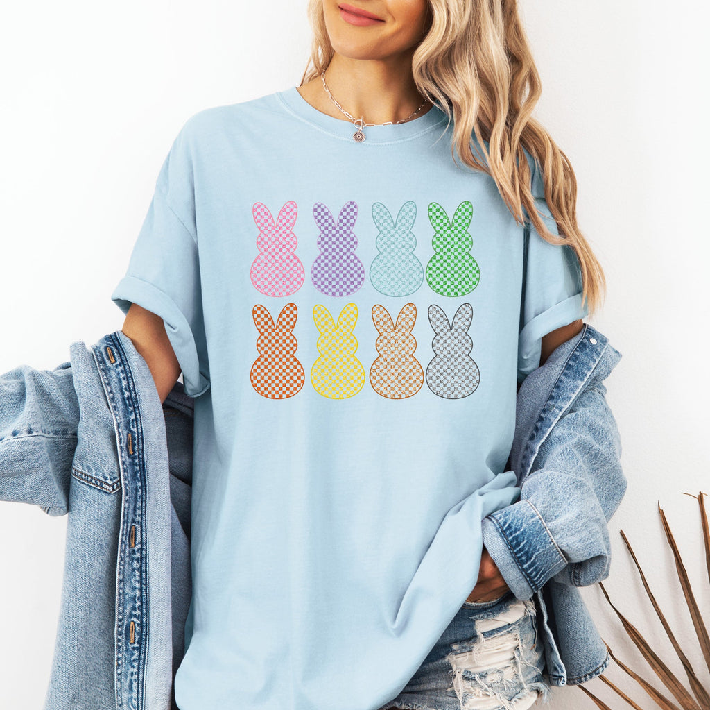 Checkered Faux Glitter Bunnies Easter Bunny Jesus Rabbit Holiday Comfort Colors Tee