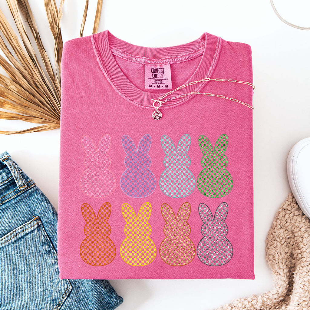 Checkered Faux Glitter Bunnies Easter Bunny Jesus Rabbit Holiday Comfort Colors Tee