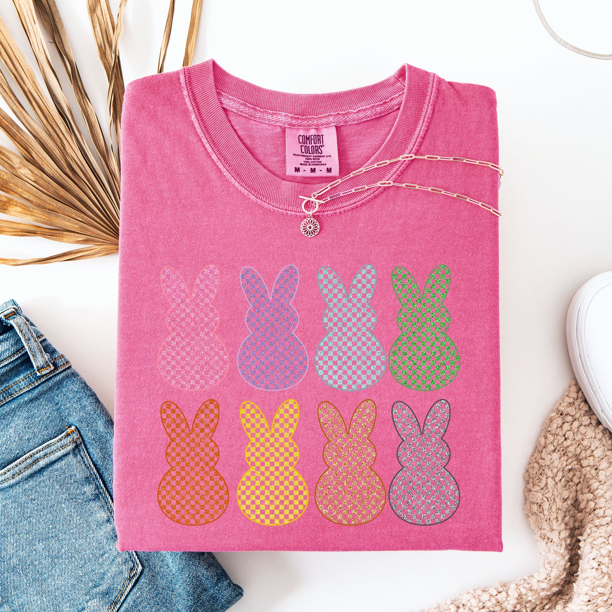 Checkered Faux Glitter Bunnies Easter Bunny Jesus Rabbit Holiday Comfort Colors Tee