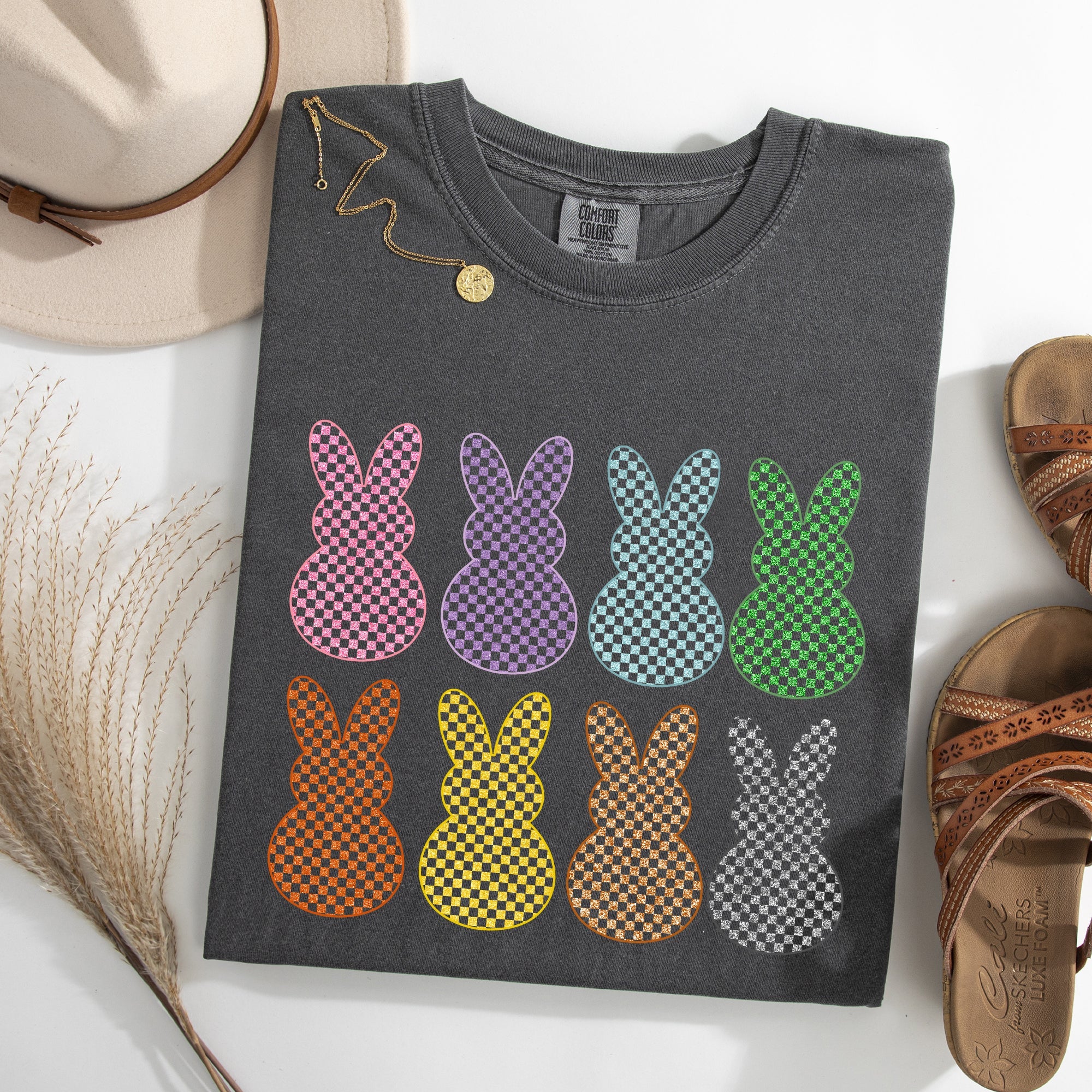 Checkered Faux Glitter Bunnies Easter Bunny Jesus Rabbit Holiday Comfort Colors Tee