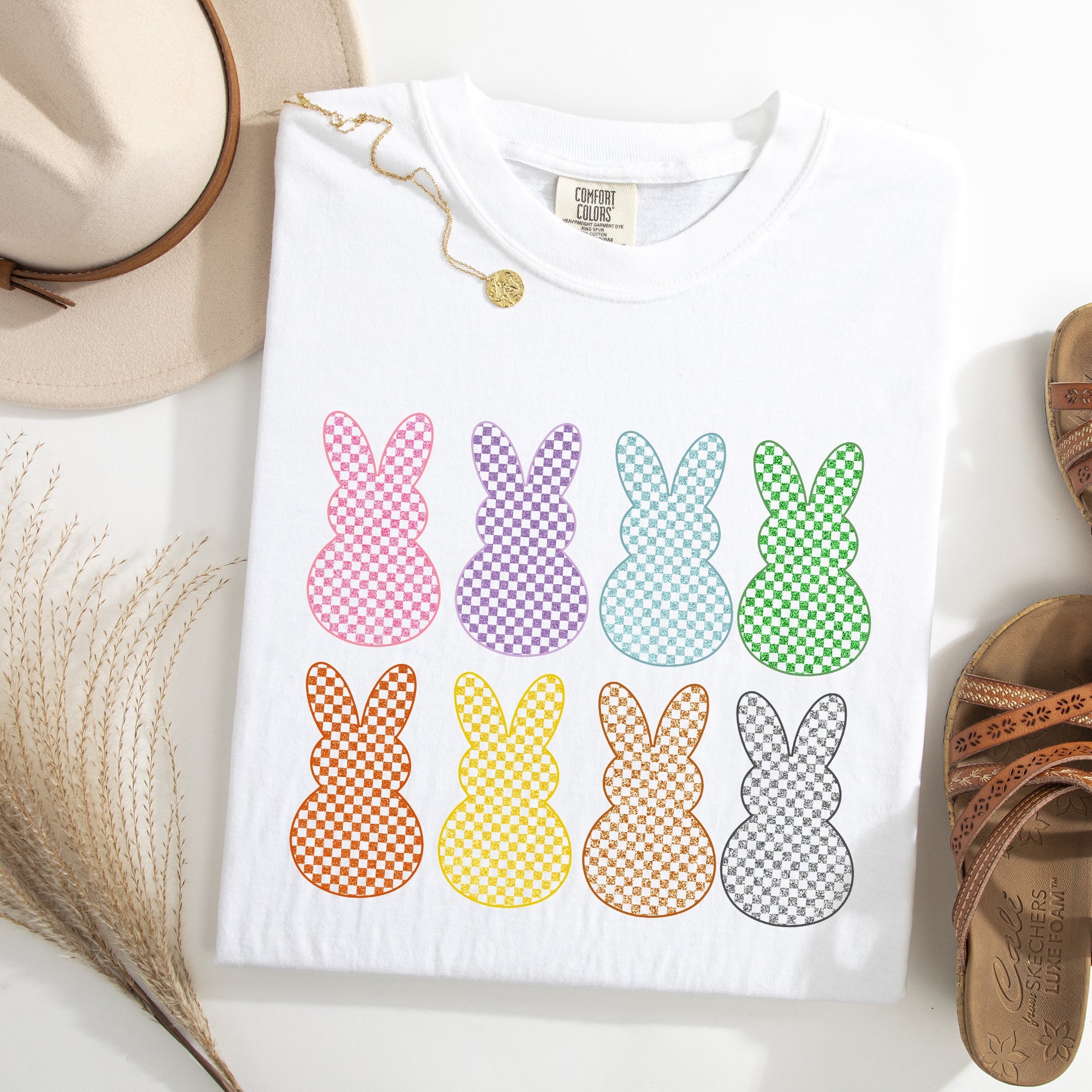Checkered Faux Glitter Bunnies Easter Bunny Jesus Rabbit Holiday Comfort Colors Tee