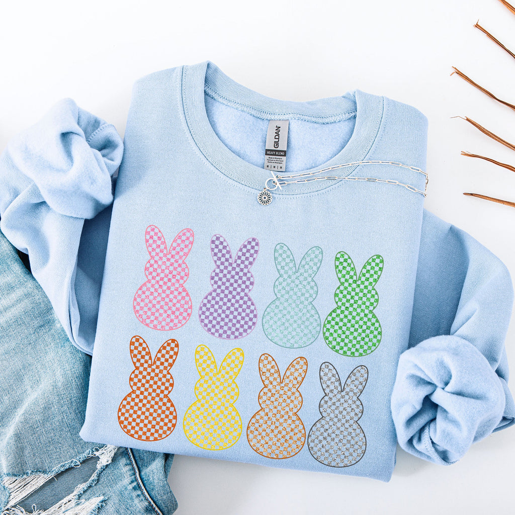 Checkered Faux Glitter Bunnies Easter Jesus Rabbit Holiday Scene Design Sweatshirt
