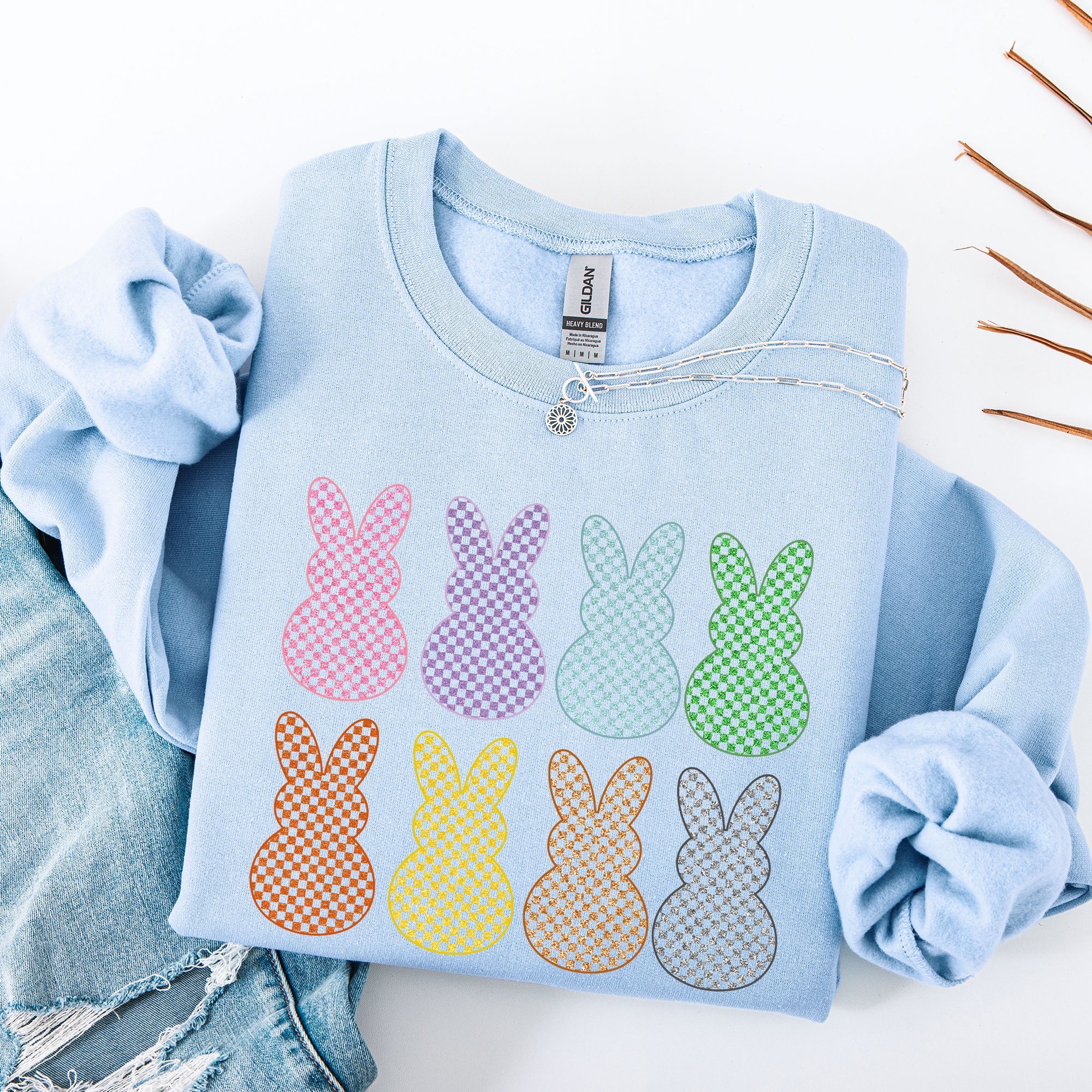 Checkered Faux Glitter Bunnies Easter Jesus Rabbit Holiday Scene Design Sweatshirt
