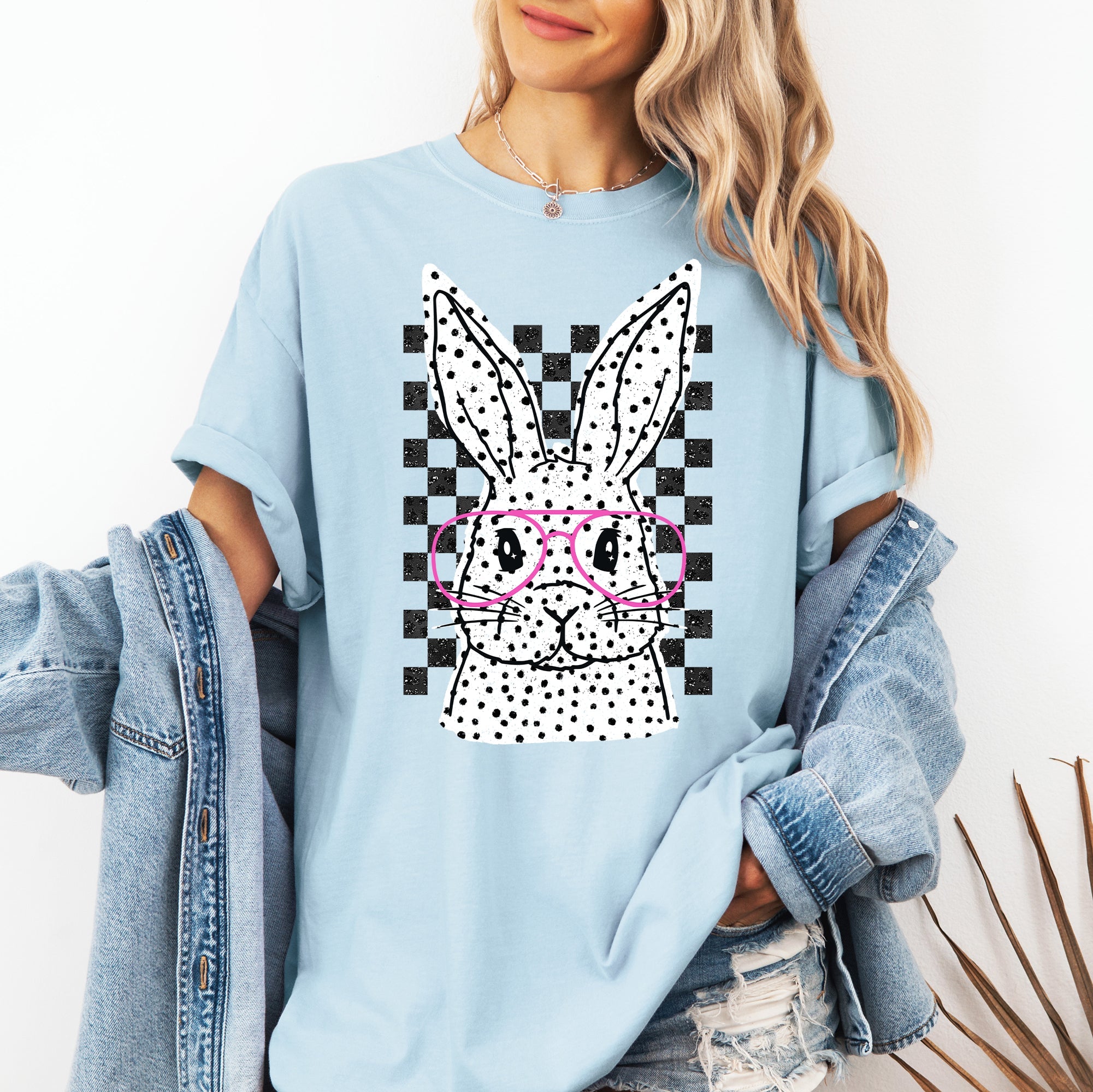 Checkered Retro Polka Dot Easter Bunny Jesus Holiday Print Collection Comfort Colors Tee