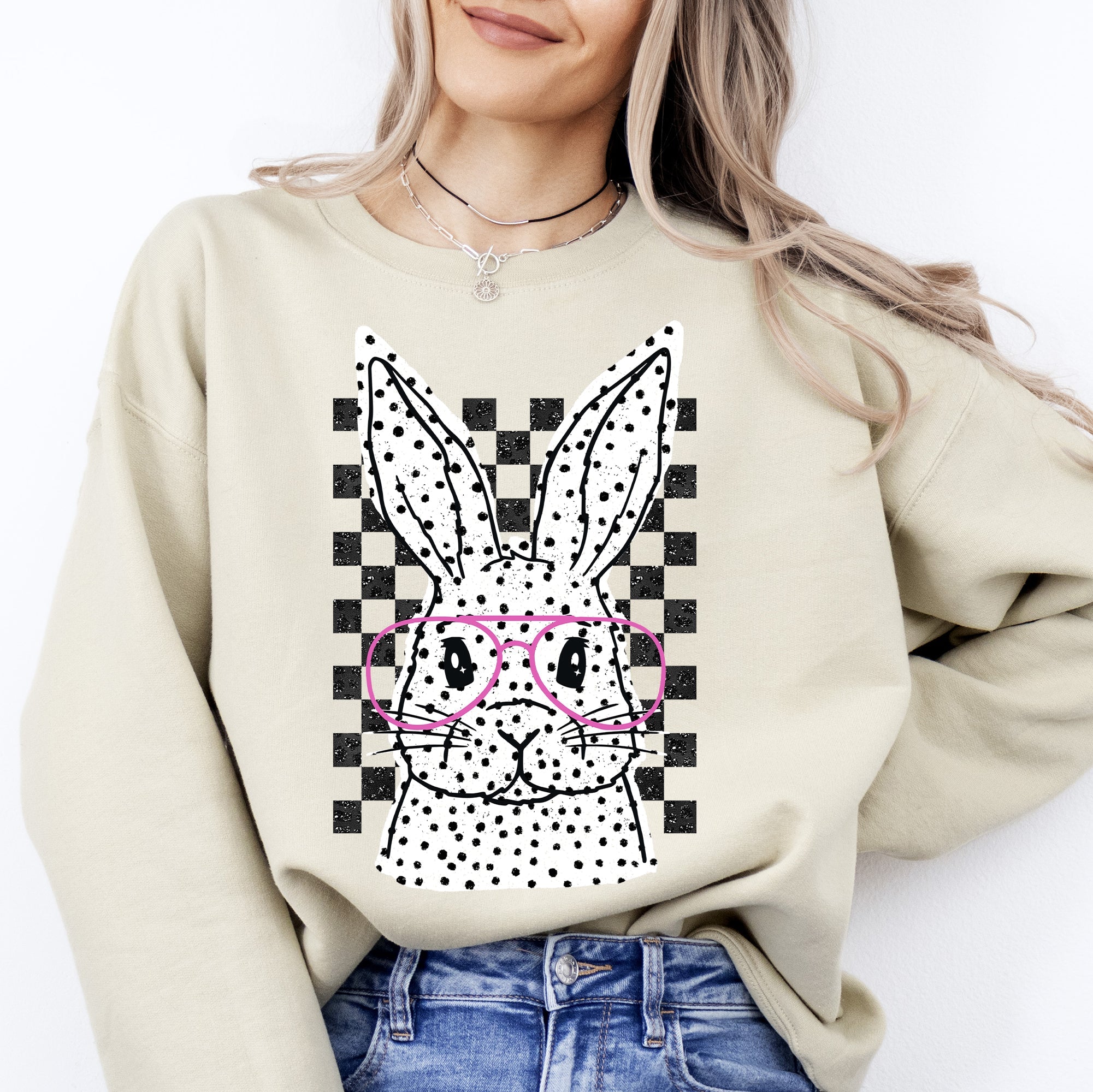 Checkered Retro Polka Dot Easter Bunny Jesus Rabbit Holiday Celebration Vintage Style Sweatshirt