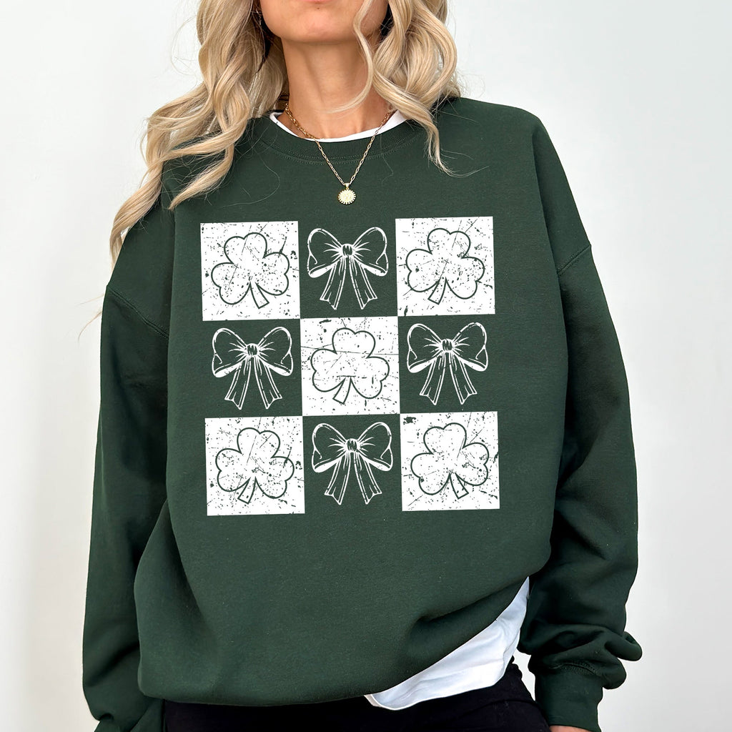 Checkered Retro Ribbon Bows St Patrick's Day Shamrock Clover Lucky Leprechaun Sweatshirt