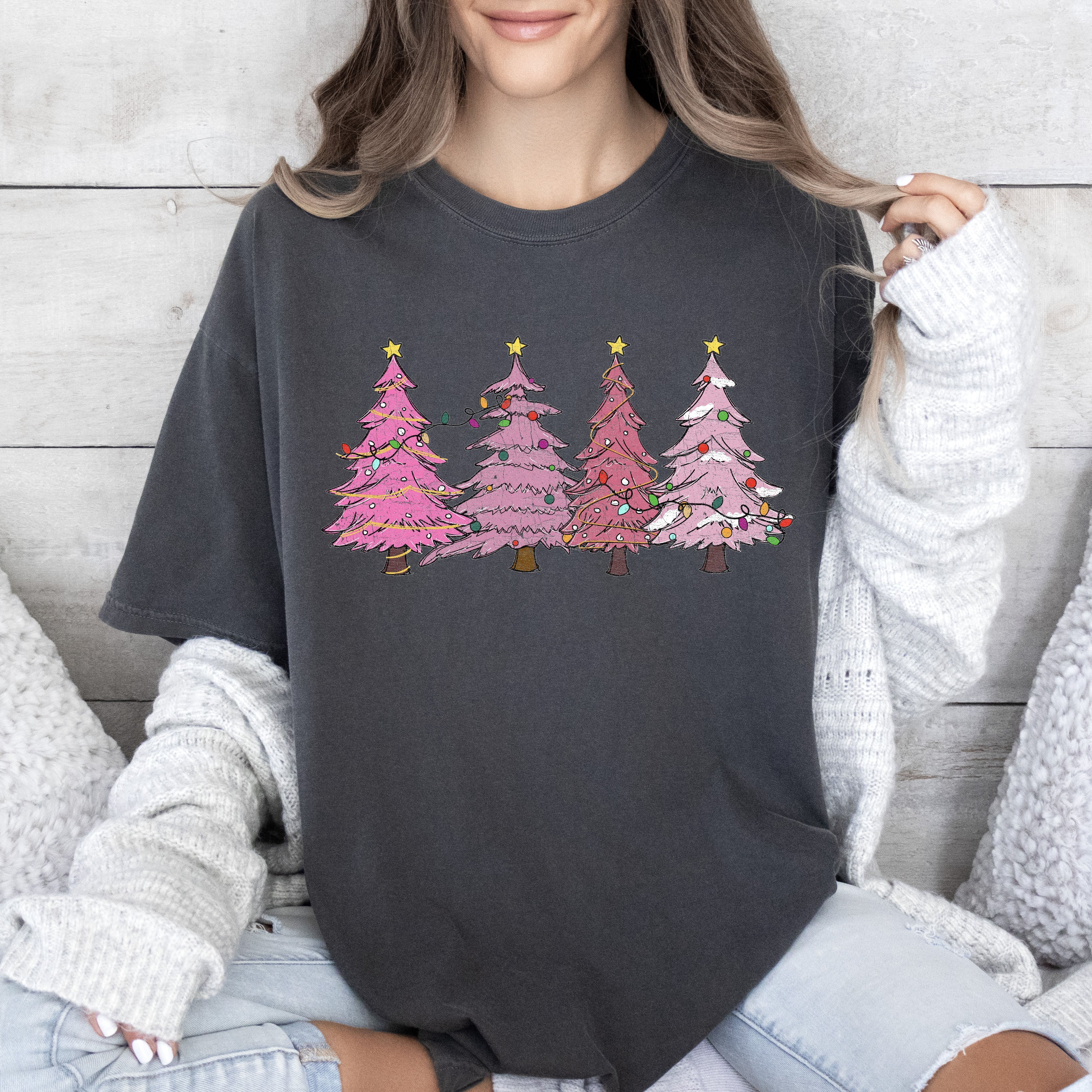 Retro Pink Christmas Trees Comfort Colors Tee
