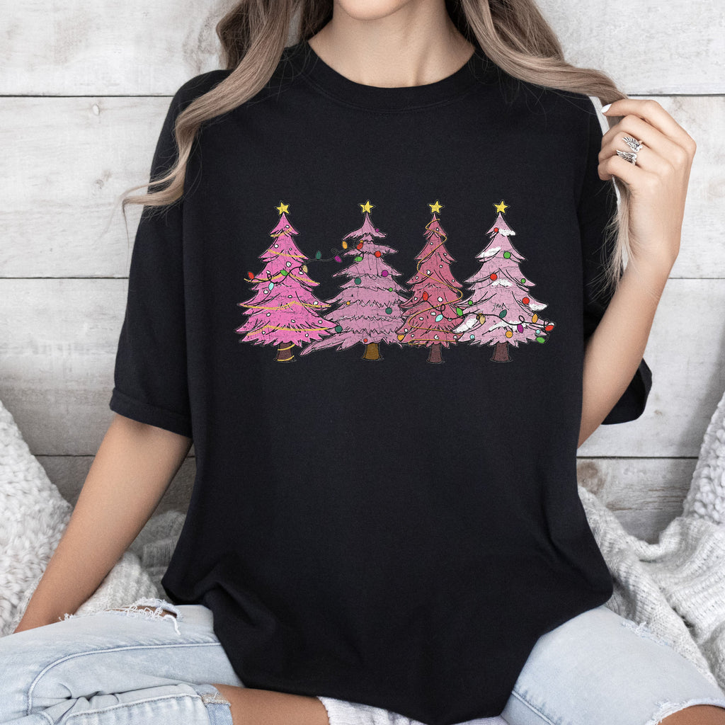Retro Pink Christmas Trees Comfort Colors Tee