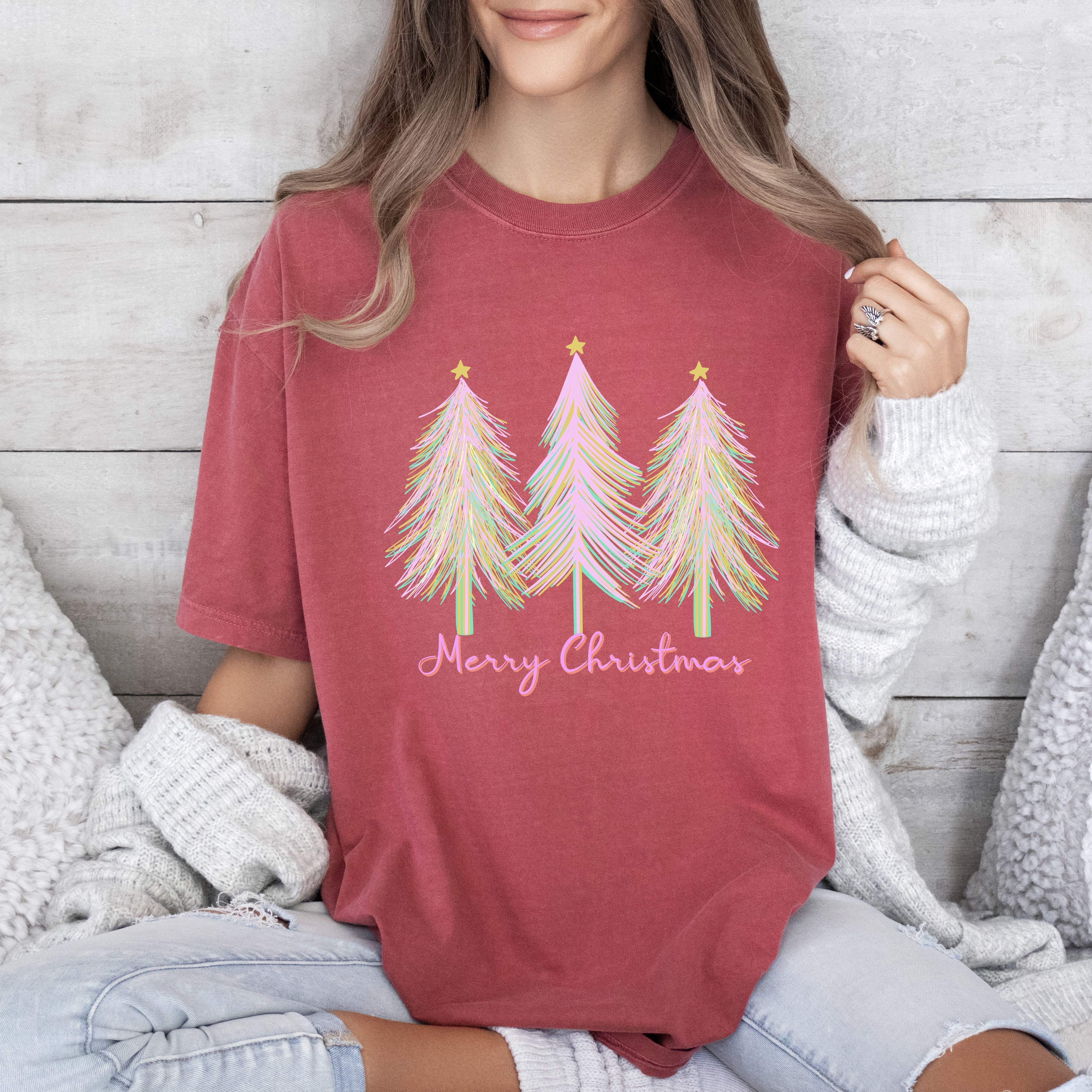 Merry and Bright Pink Watercolor Christmas Trees Holiday Deco Edition Comfort Colors Tee