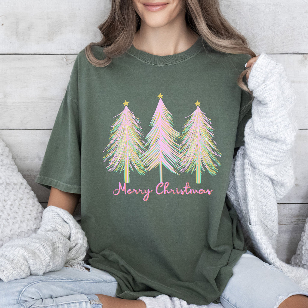 Merry and Bright Pink Watercolor Christmas Trees Holiday Deco Edition Comfort Colors Tee