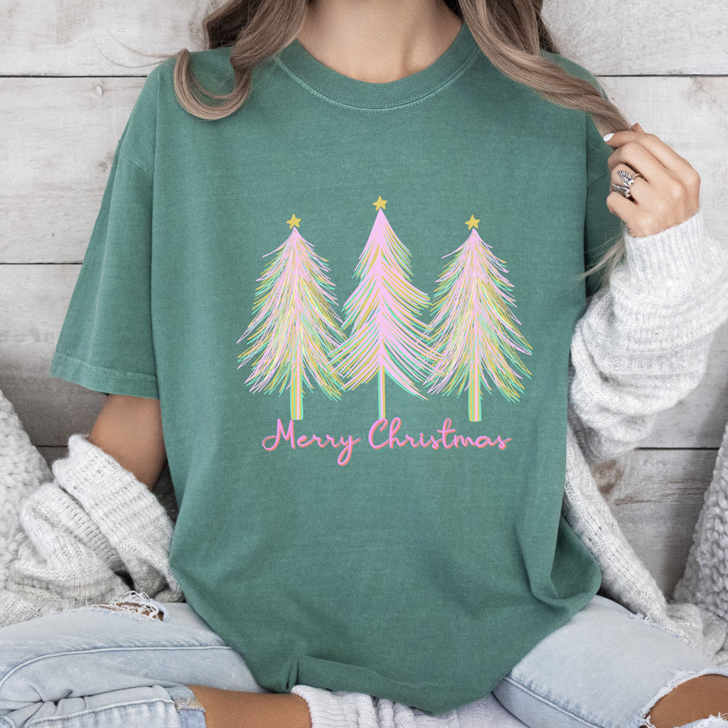 Merry and Bright Pink Watercolor Christmas Trees Holiday Deco Edition Comfort Colors Tee