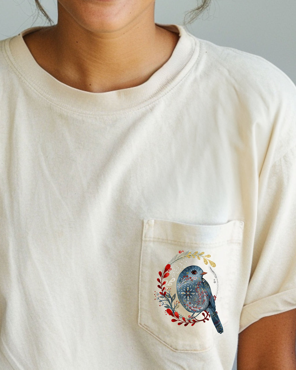 Christmas Bird Pocket Folk Art Santa Winter Snow Xmas Flowers Floral Comfort Colors Tee