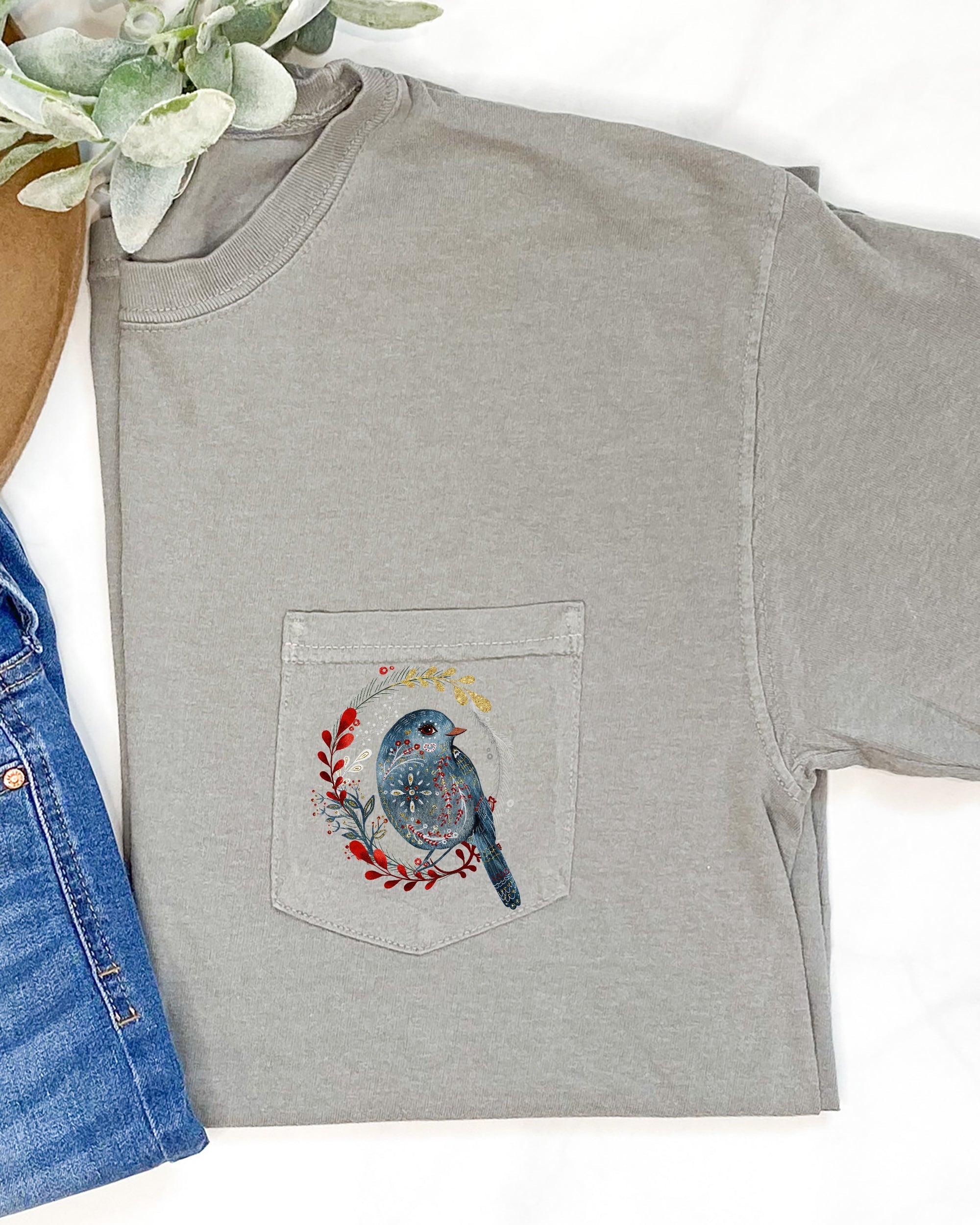 Christmas Bird Pocket Folk Art Santa Winter Snow Xmas Flowers Floral Comfort Colors Tee