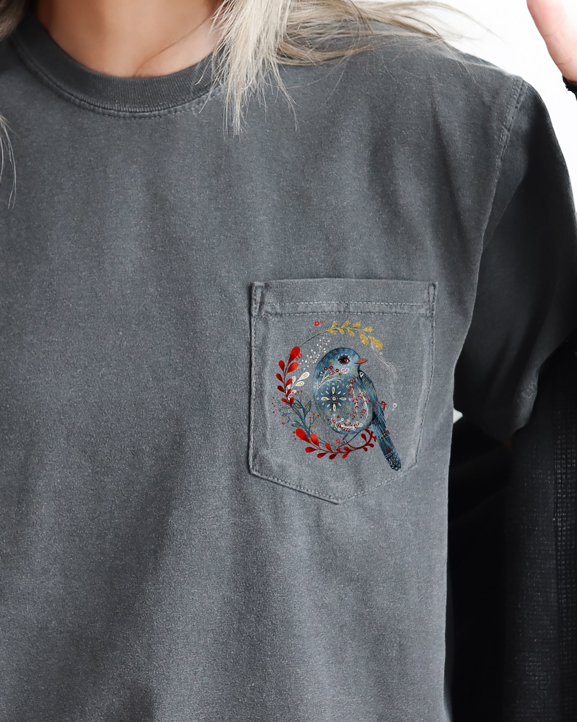 Christmas Bird Pocket Folk Art Santa Winter Snow Xmas Flowers Floral Comfort Colors Tee
