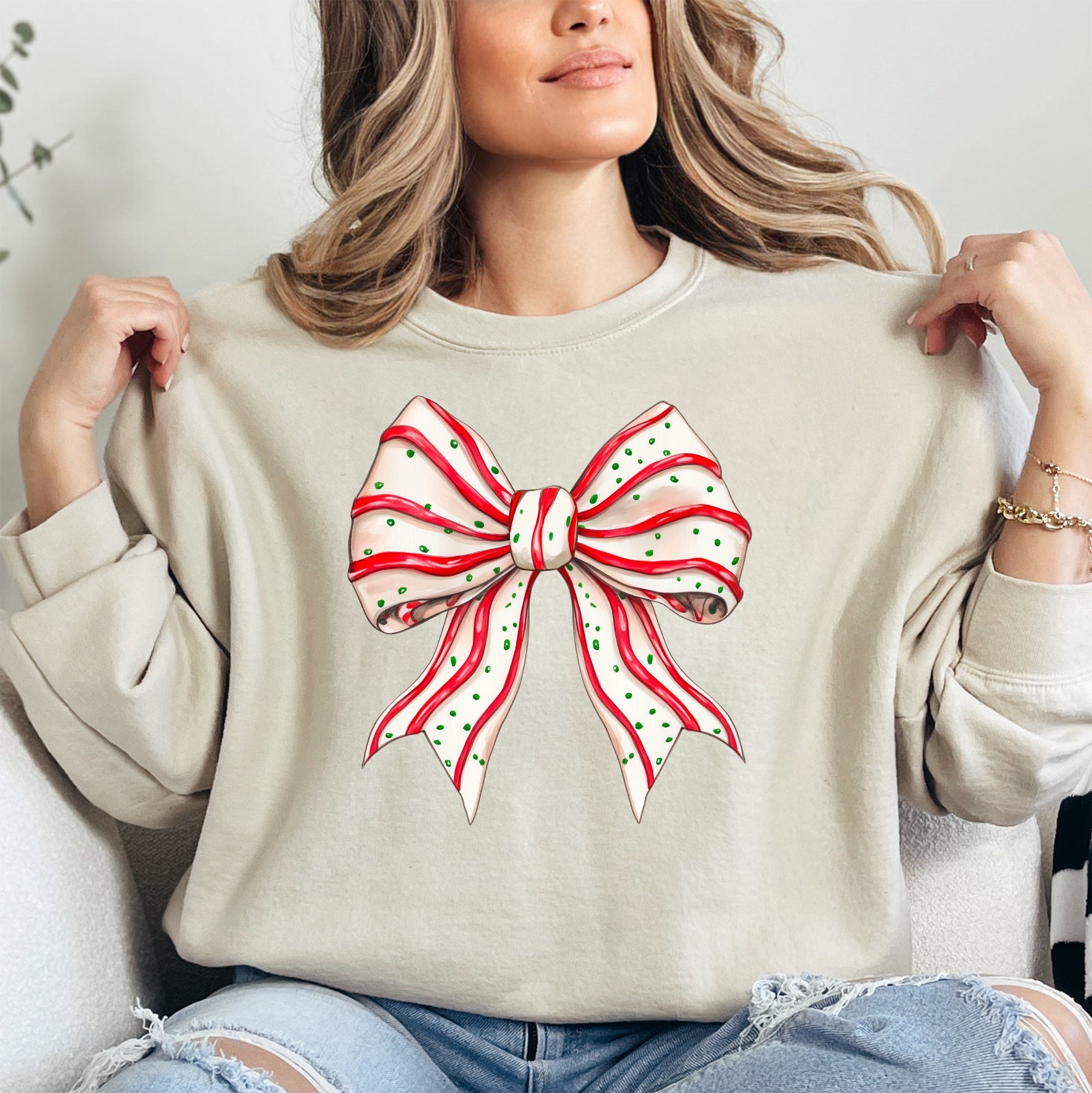Christmas Cake Bow Ribbon Coquette Santa Snow Winter Festive Cozy Holiday Sweatshirt