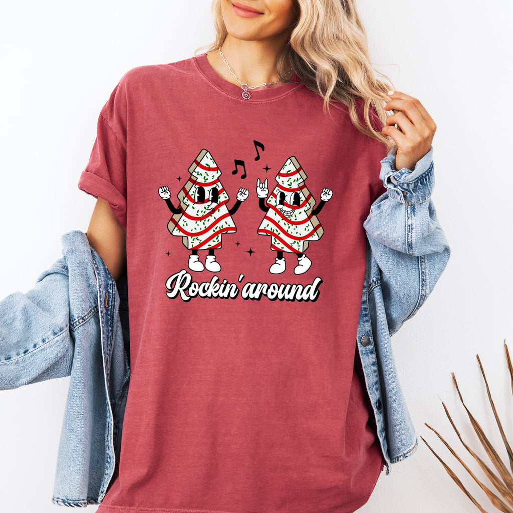 Rockin Around Christmas Carols Pocket Santa Snow Xmas Cakes Joy Comfort Colors Tee
