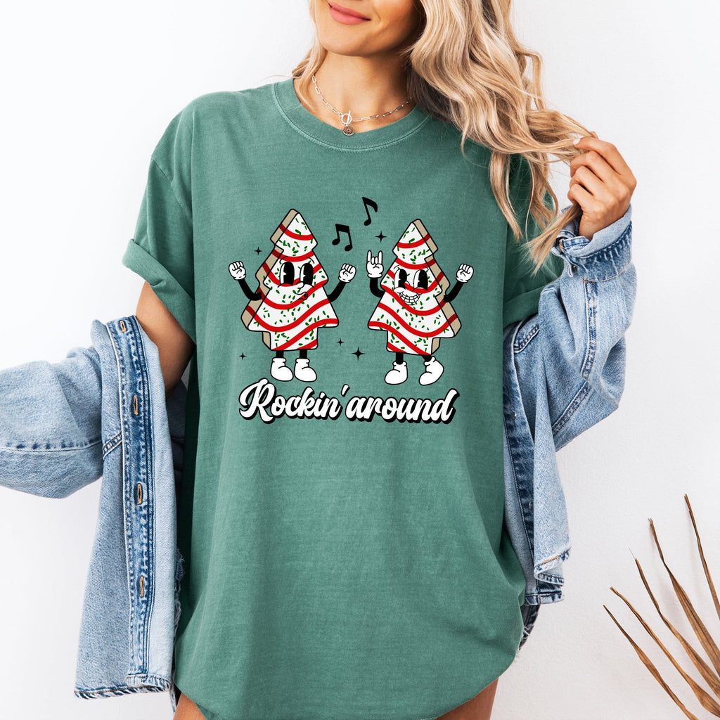 Rockin Around Christmas Carols Pocket Santa Snow Xmas Cakes Joy Comfort Colors Tee