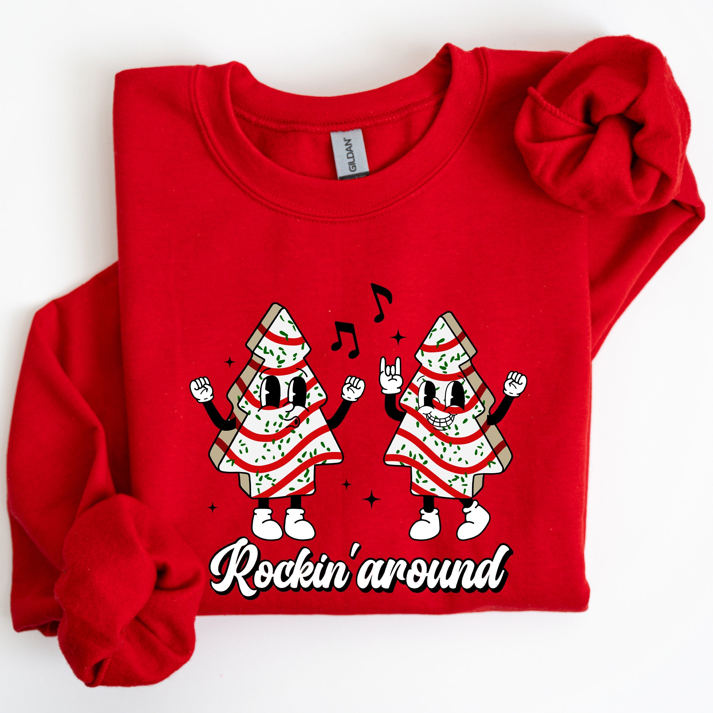 Rockin Around Christmas Carols Santa Snow Winter Xmas Festive Pocket Sweatshirt Cozy Holiday Seasonal Illustrated