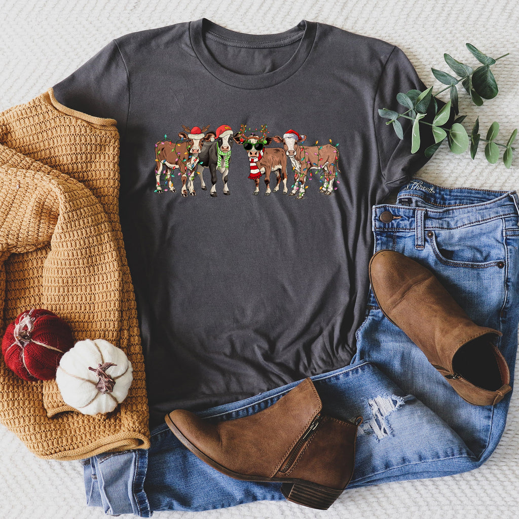 Christmas Calves Cow Lovers Santa Farm Life Holiday Farm Scene Festive Animals Design Graphic Tee