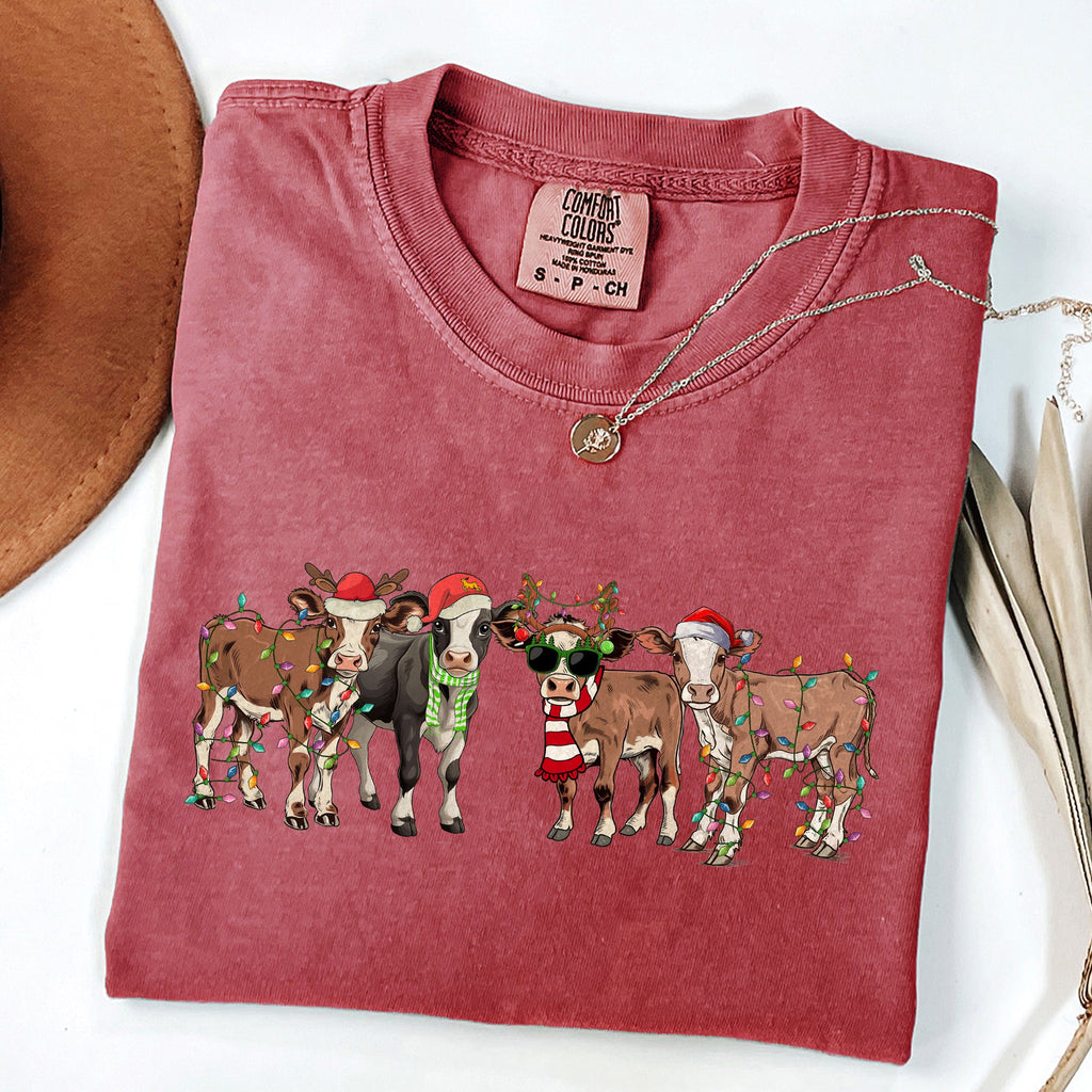 Christmas Calves Cow Lovers Santa Farm Life Winter Snow Xmas Animals Comfort Colors Tee