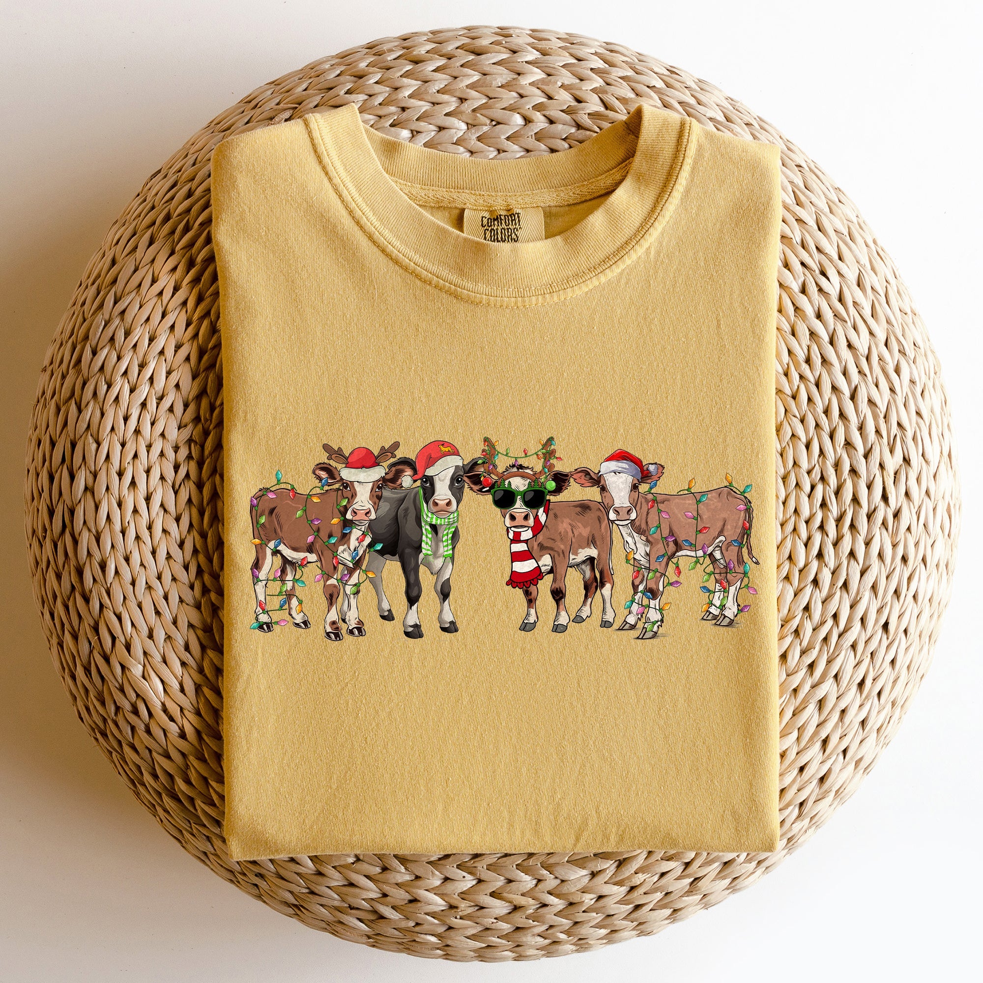 Christmas Calves Cow Lovers Santa Farm Life Winter Snow Xmas Animals Comfort Colors Tee