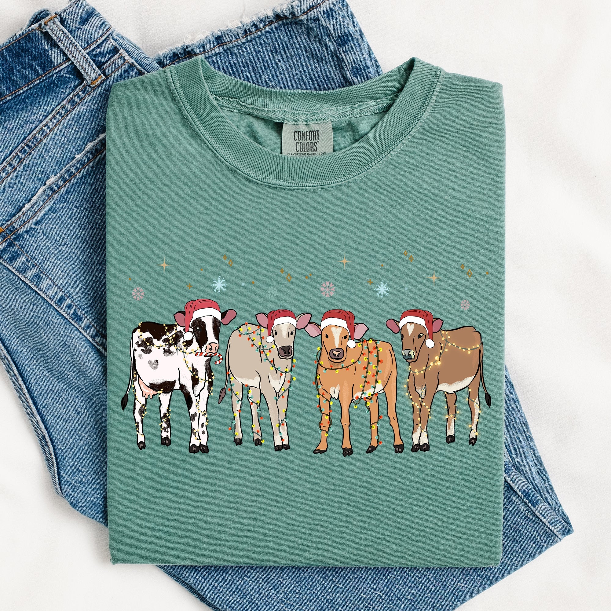 Christmas Calves Holstein Santa Farm Life Winter Snow Xmas Cozy Holiday Edition Comfort Colors Tee