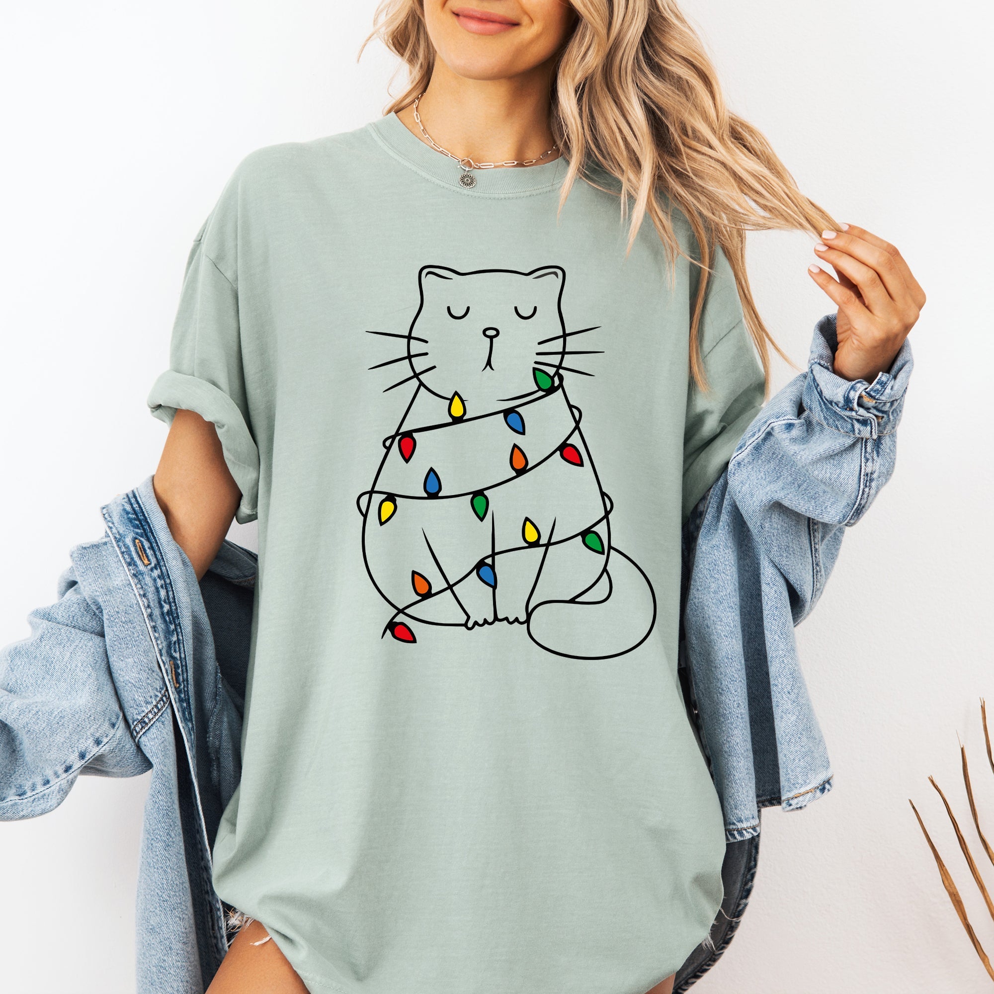 Christmas Cat Lights Santa Feline Holiday Cheer For Cat Lovers Comfort Colors Tee