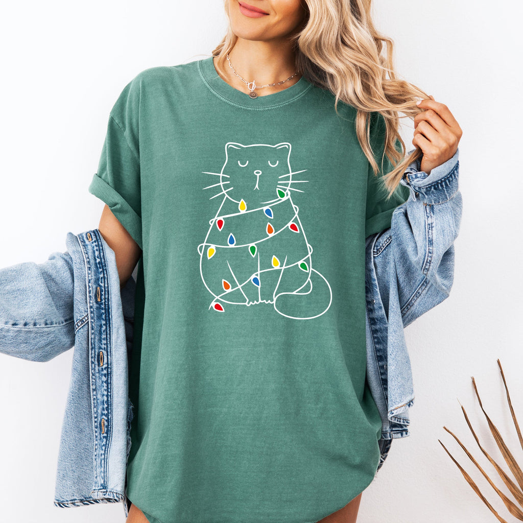 Christmas Cat Lights Santa Feline Holiday Cheer For Cat Lovers Comfort Colors Tee