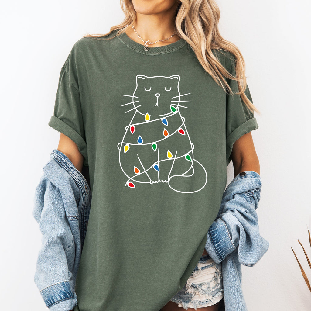 Christmas Cat Lights Santa Feline Holiday Cheer For Cat Lovers Comfort Colors Tee