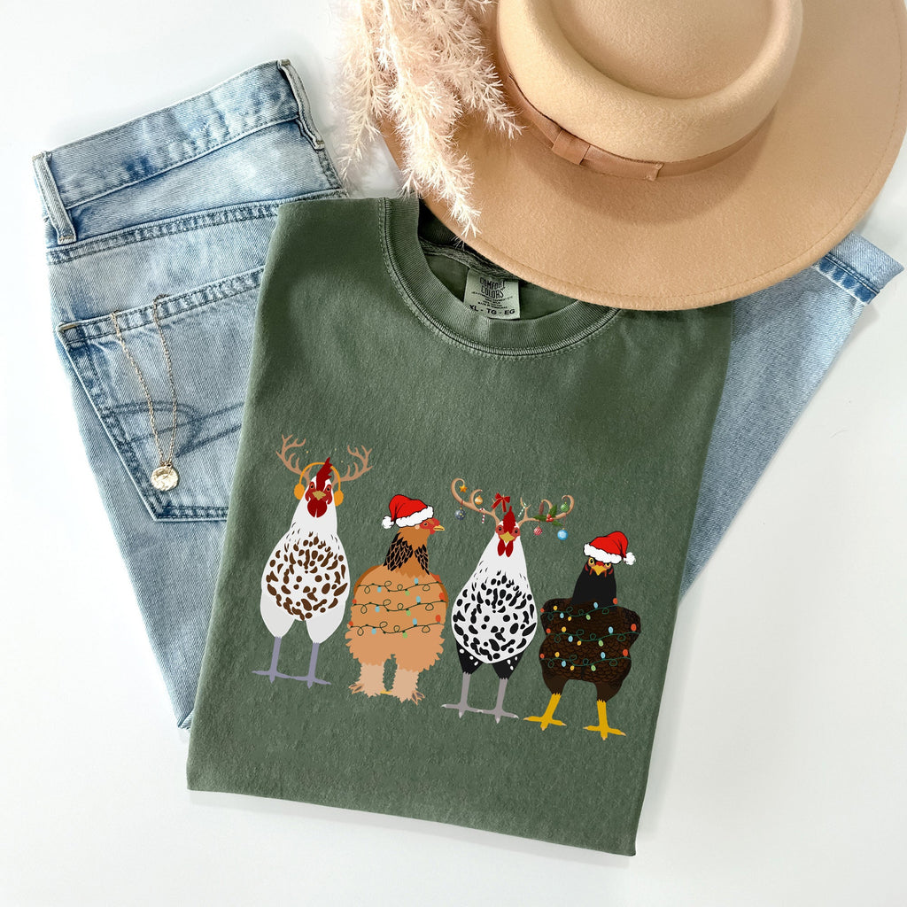 Christmas Chickens In A Row Chicken Lovers Santa Farm Life Winter Snow Xmas Comfort Colors Tee