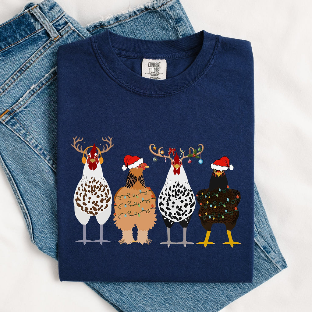 Christmas Chickens In A Row Chicken Lovers Santa Farm Life Winter Snow Xmas Comfort Colors Tee