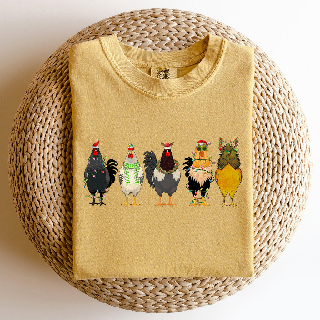 Christmas Chickens Santa Farm Life Winter Snow Xmas Village Holiday Scene Cozy Festive Farmyard Comfort Colors Tee