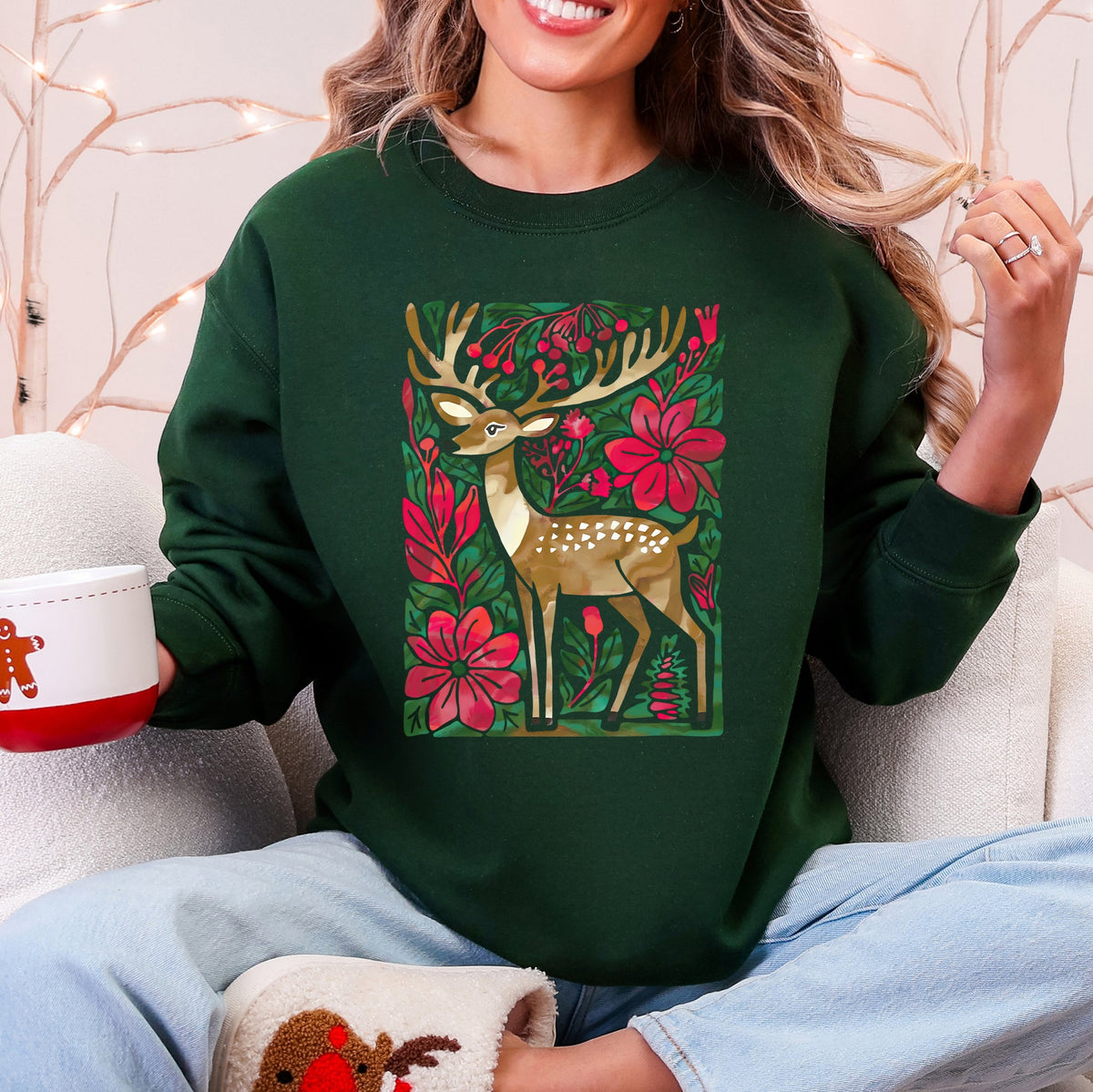 Christmas Deer With Colorful Flowers And Santa Claus In A Snowy Vintage Holiday Scene Sweatshirt