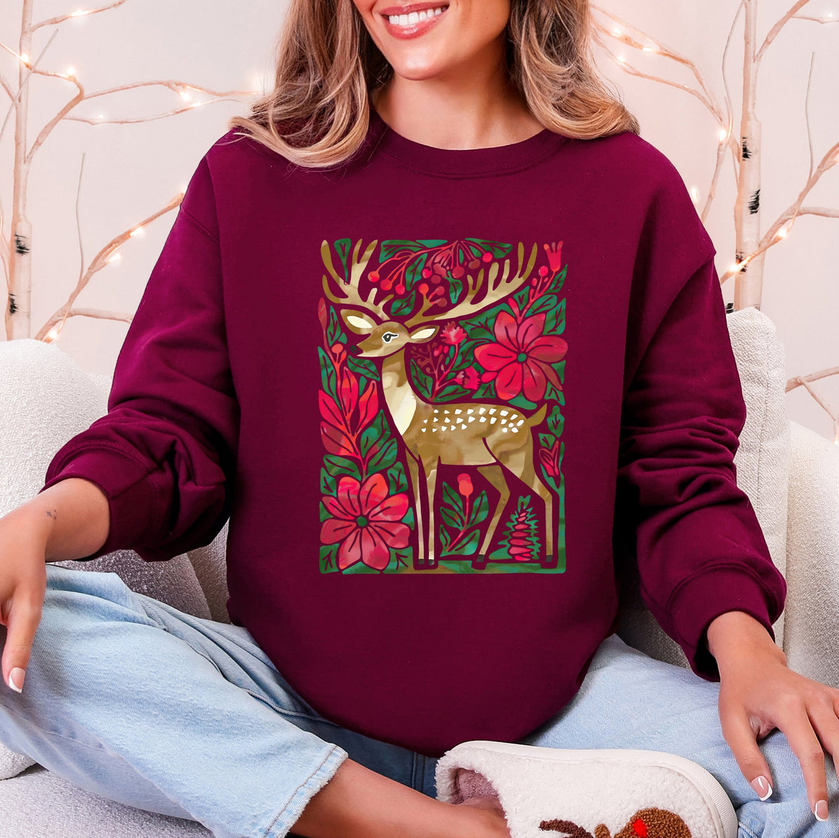 Christmas Deer With Colorful Flowers And Santa Claus In A Snowy Vintage Holiday Scene Sweatshirt